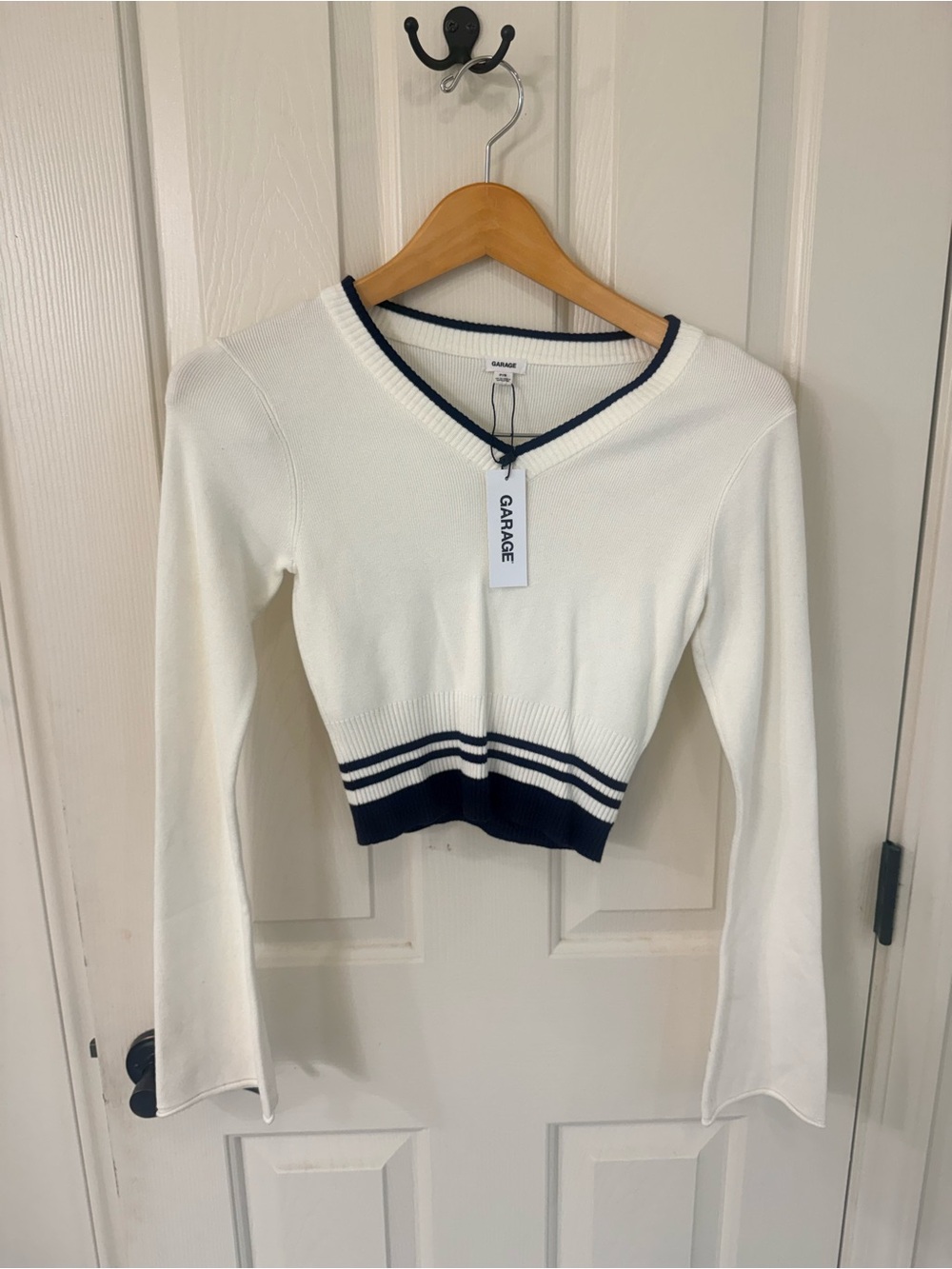 Garage White Cropped V-Neck Sweater with Navy Trim